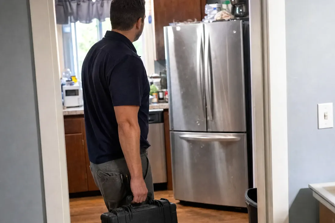 Technician with a tool case in a kitchen doorway, facing a stainless refrigerator, the stainless refrigerator in frame - Built-In Dishwasher Repair